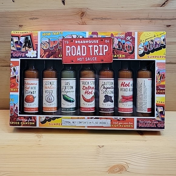 New Nib RoadHouse Road Trip Hot Sauce 7 pieces set Flavor 14 Fl Oz Spicey 4/26 - Picture 1 of 3